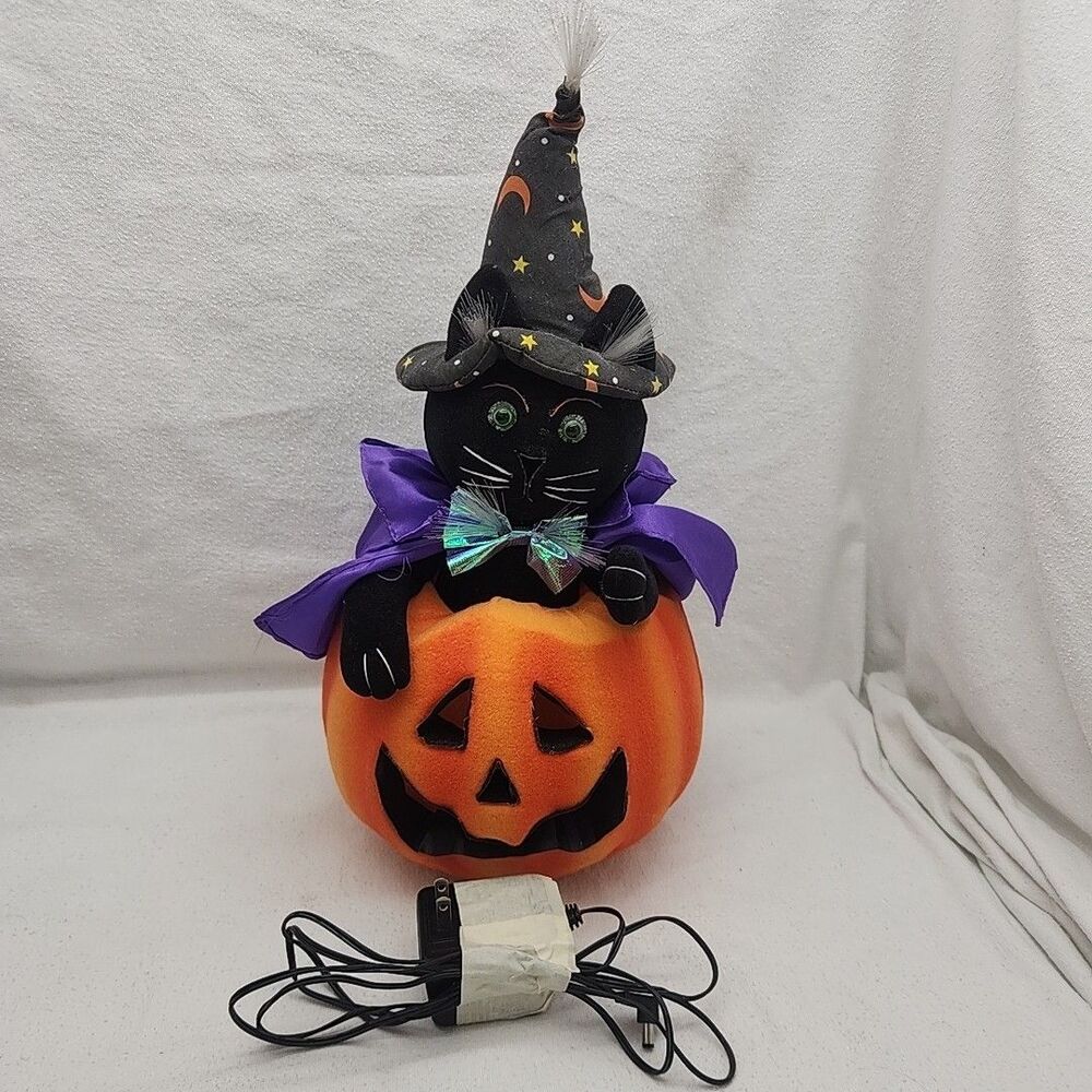 Decoration Fiber Optic Wizard Black Cat in a Pumpkin Lighted 17" Halloween VTG